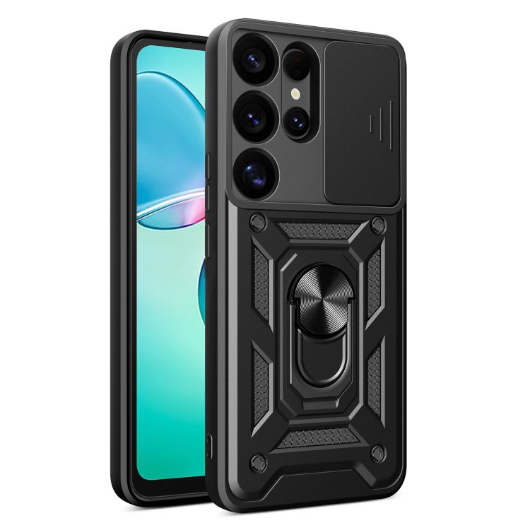 Husa Defender Slide pentru Samsung Galaxy S25 Ultra, Protectie Camere, Suport Inel, Prindere Magnetica, Negru